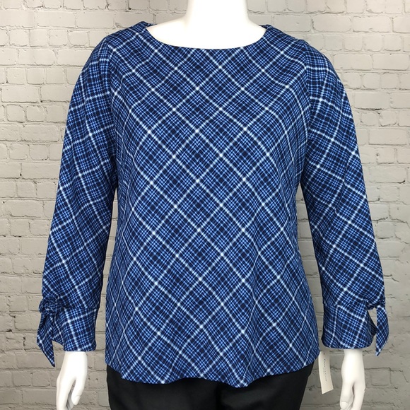 1X 2X 3X Charter Club Blue Plaid Bell Sleeve Top - Picture 2 of 6